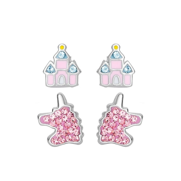 Girls Castle Colorful Ear Studs 925 Sterling Silver 